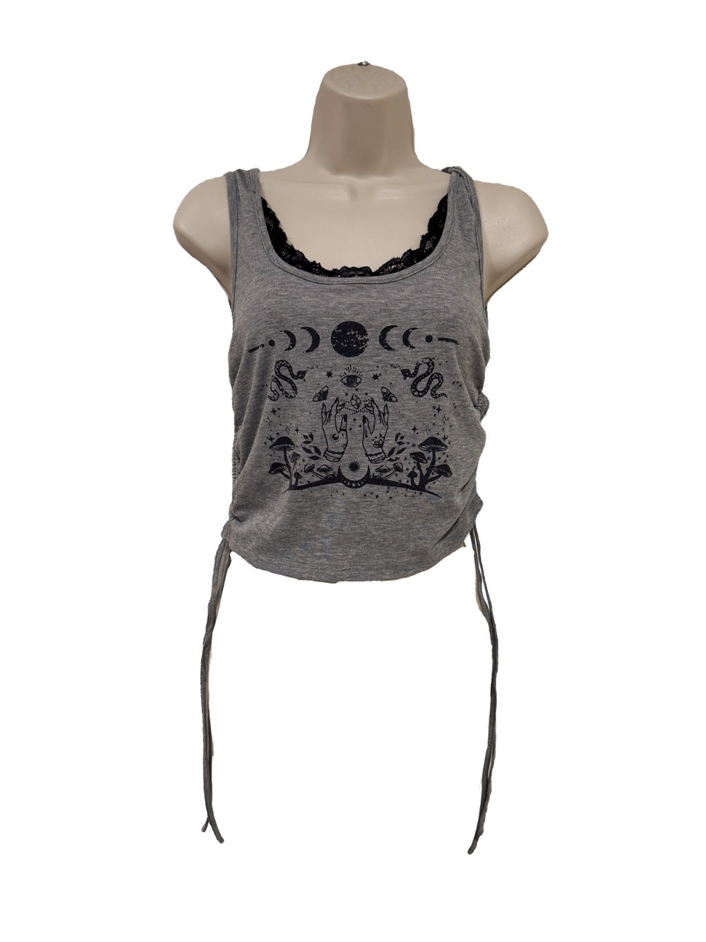 Cider Gray Graphic Lace-Trim Crop Tank